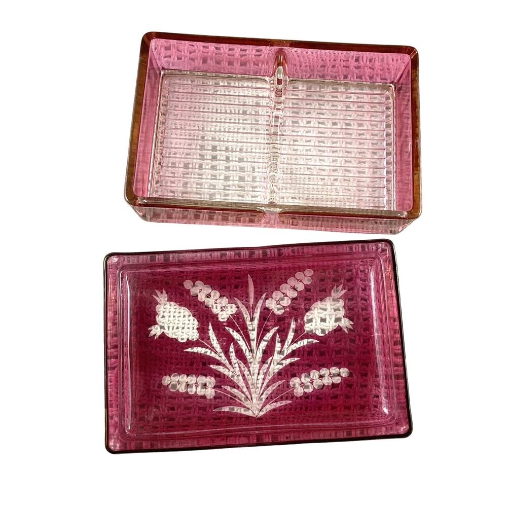Playing Card Box Cranberry Glass Pink Lidded with Etched Floral 2 Deck Holder